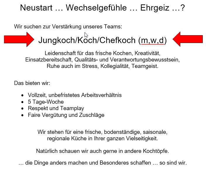 Alte Schmiede Grossbottwar - Stellenanzeige Jungkoch/Koch/Chefkoch (m,w,d)